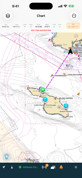 NOAA chart of the crossing from San Pedro to Catalina with a course line to Isthmus Cove
