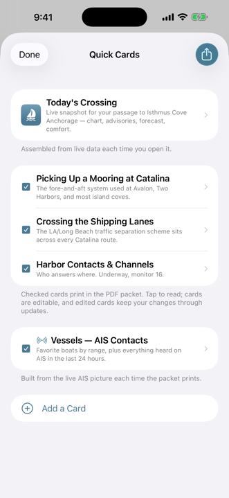 Quick cards list from first crossing to kelp and prop fouling