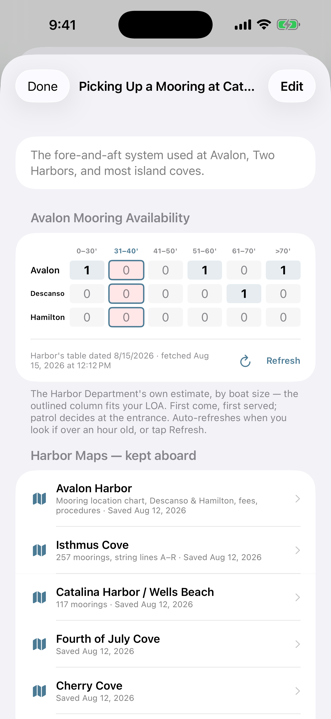 Mooring card with live Avalon availability table and harbor maps
