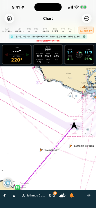 Chart with live AIS targets and an instrument display fed by the boat's NMEA network