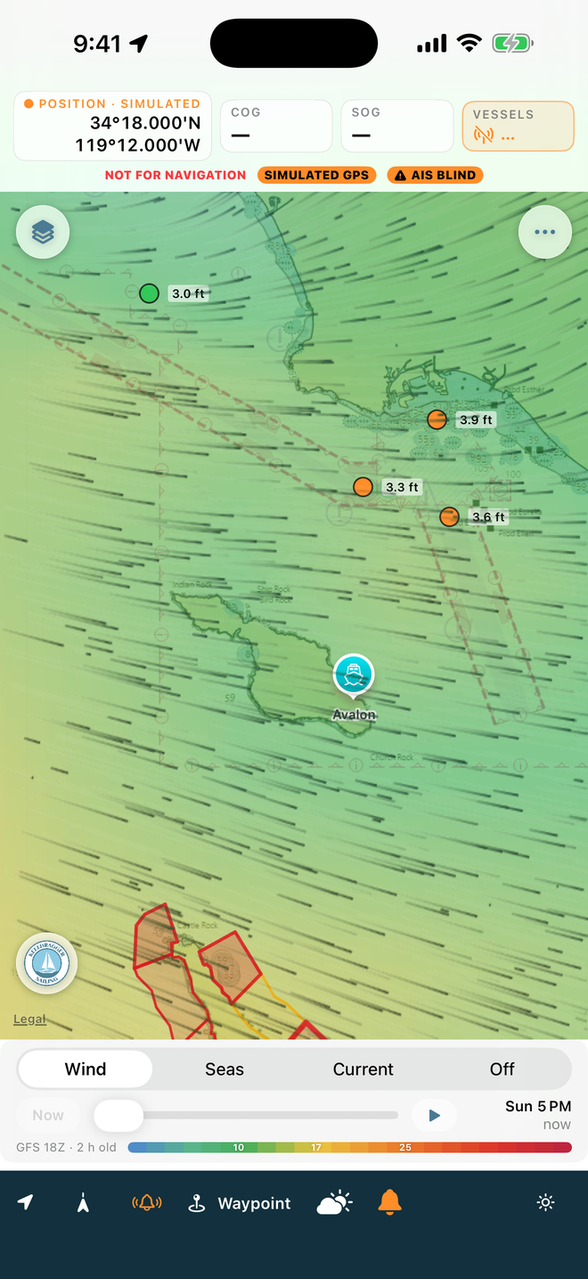 Animated wind forecast over the chart of the Catalina channel, with the Wind/Seas/Current selector and forecast slider