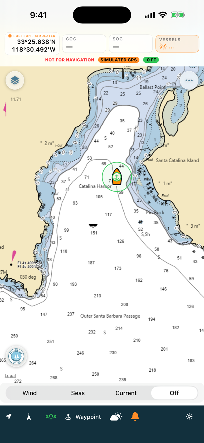 Anchor watch circle drawn around the boat in Catalina Harbor with a live distance readout
