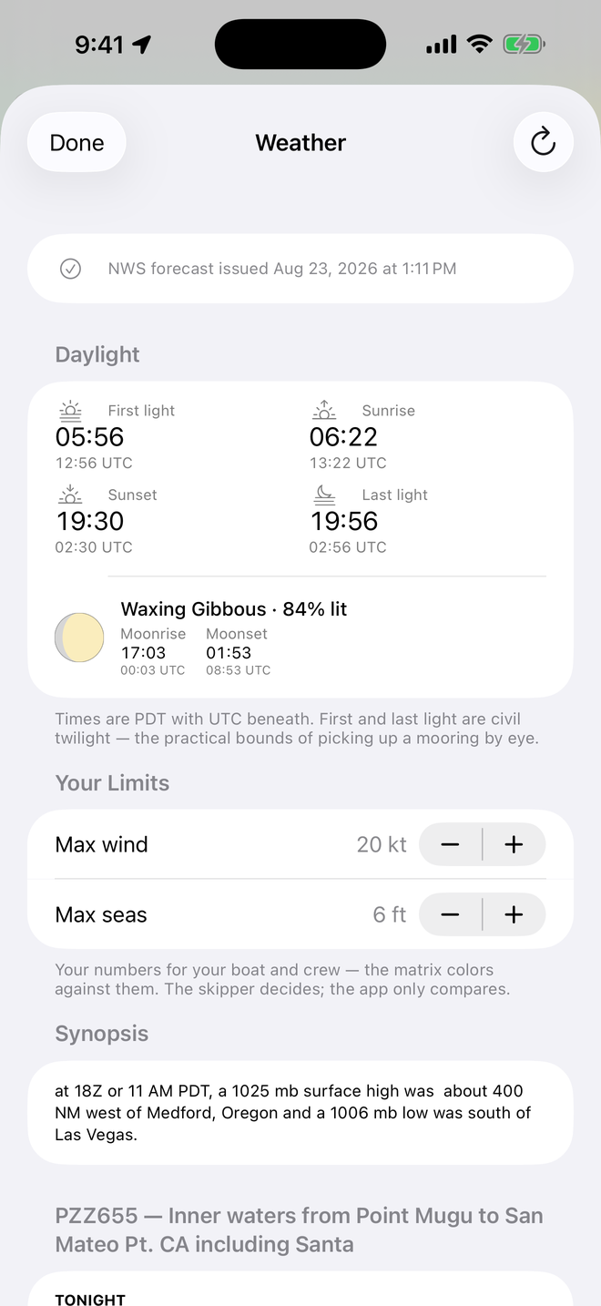 Daylight panel with sunrise, sunset, first and last light in local and UTC, and tonight's moon phase